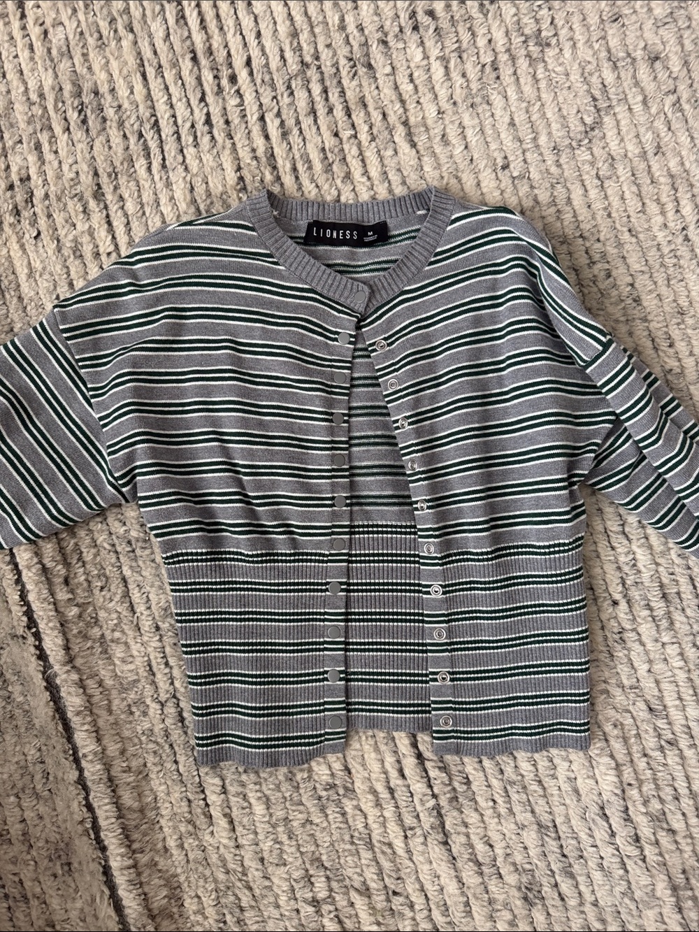Lioness Gray, Green & White Striped Kids Cardigan